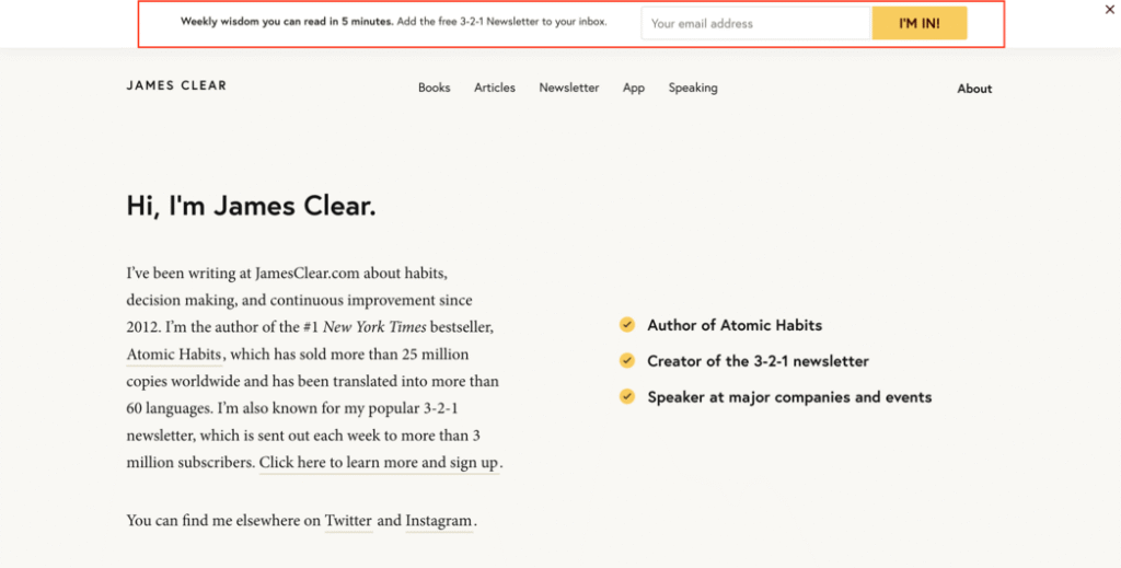 Formulir pendaftaran newsletter email di website James Clear