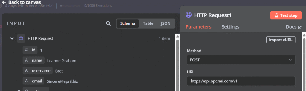 Konfigurasi node permintaan HTTP dengan data API dari OpenAI