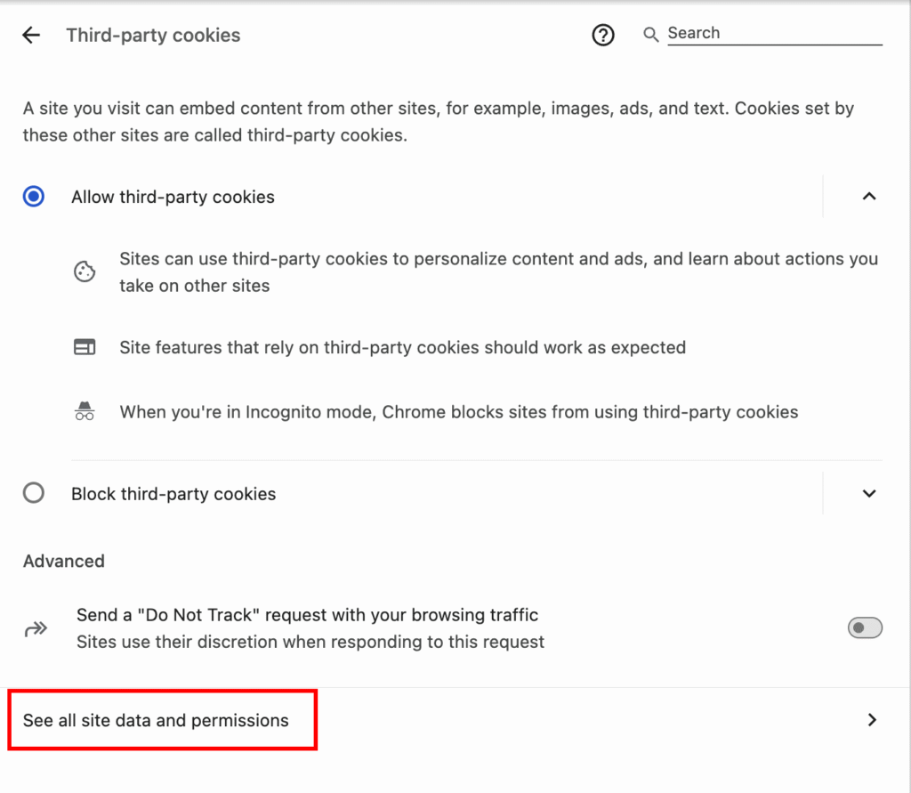 Pengaturan Chrome menampilkan opsi untuk melihat semua data dan izin website
