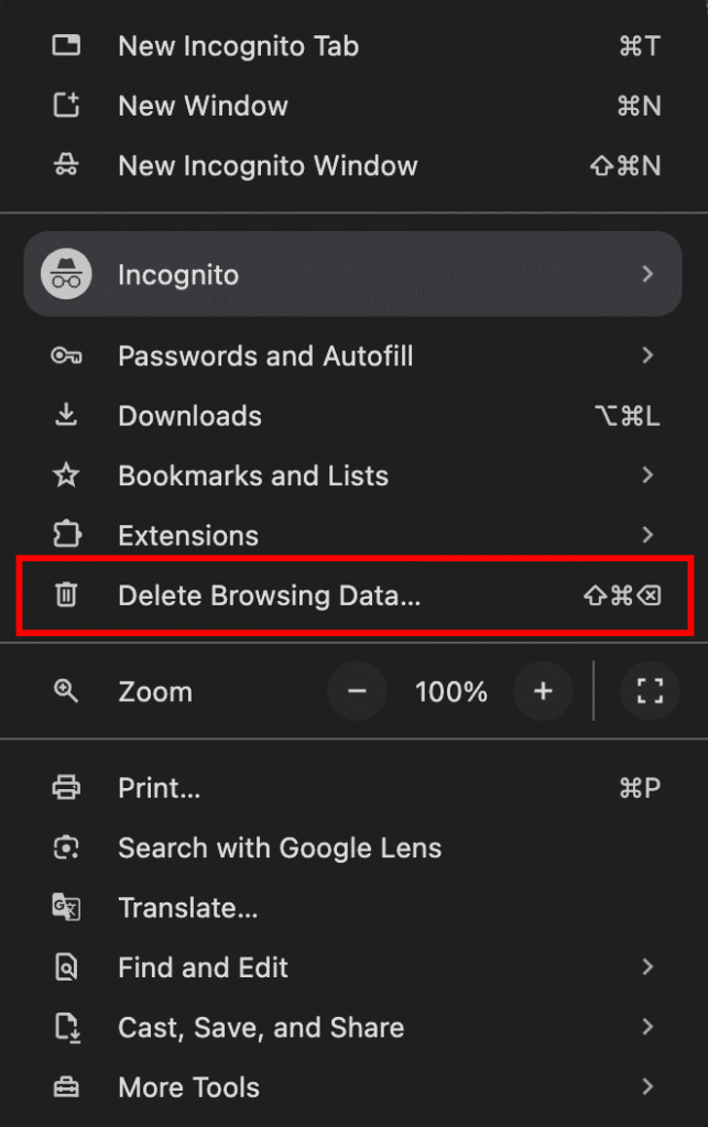 Menu titik tiga Chrome dengan opsi Delete browsing data yang dipilih