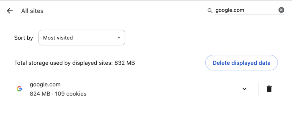 Opsi menghapus cookie di Chrome dengan tombol Delete displayed data