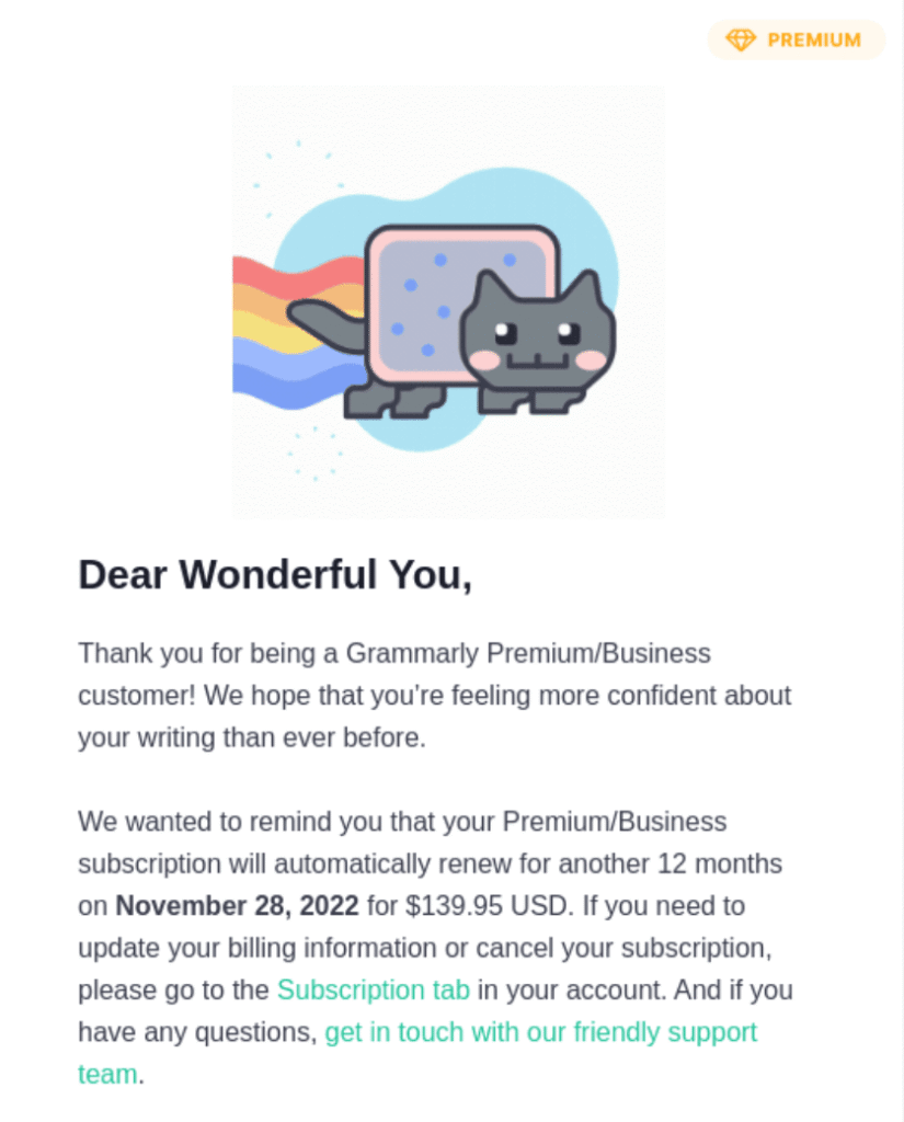 Email pengingat perpanjangan Grammarly