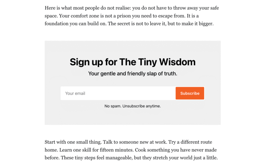 Formulir pendaftaran email Tiny Wisdom di dalam posting blognya
