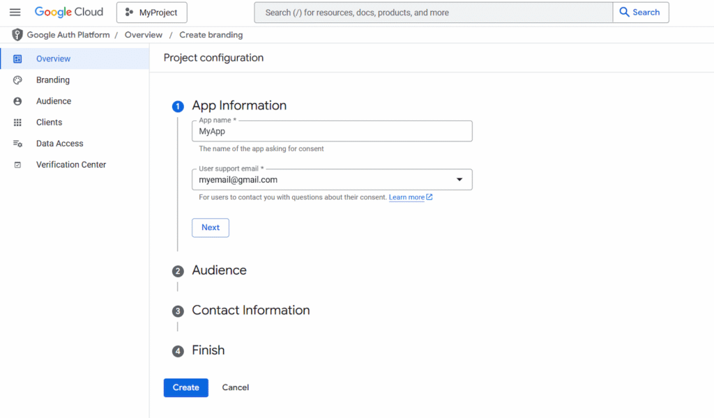 Halaman pembuatan aplikasi di Google Developer Console