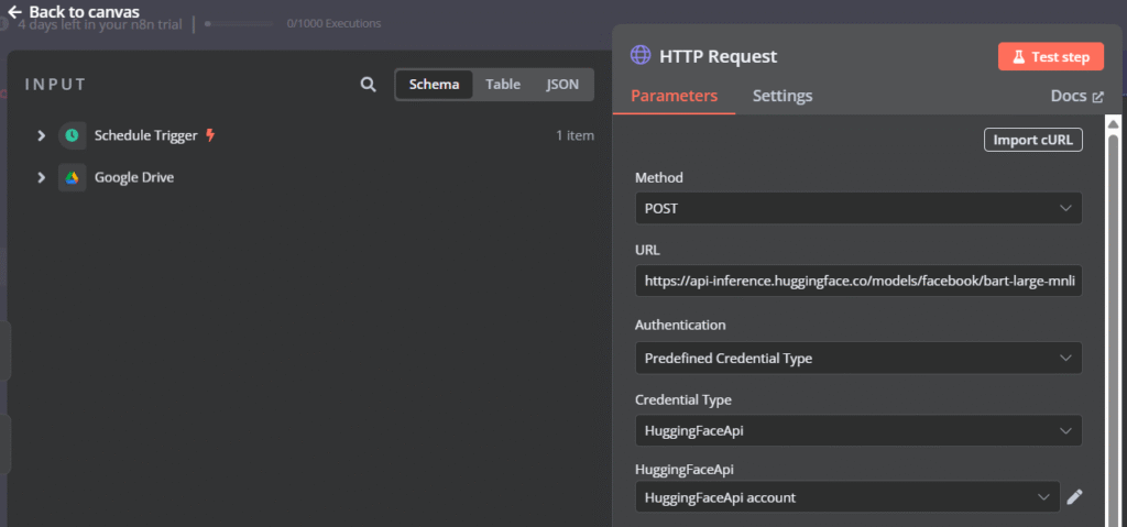 Konfigurasi HTTP Request untuk API Hugging Face