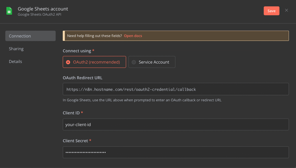 Halaman Konfigurasi Kredensial Google Sheets n8n