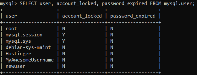 Hasil query MySQL menampilkan masa kedaluwarsa password dan status penguncian akun