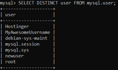 Hasil query MySQL untuk menampilkan username tanpa duplikat