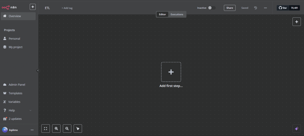 Kanvas editor alur kerja n8n sebelum pemicu atau node ditambahkan ke dalamnya