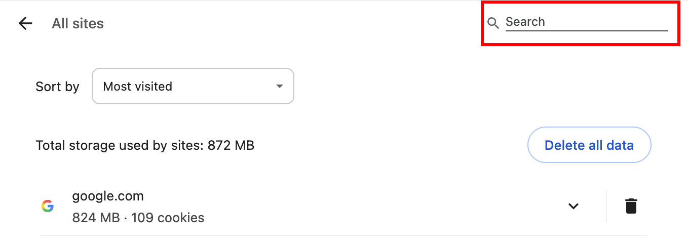 Kolom pencarian cookie website di Chrome