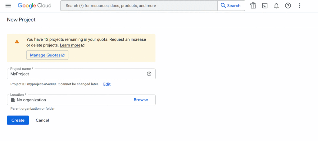 Menu pembuatan proyek di Google Developer Console