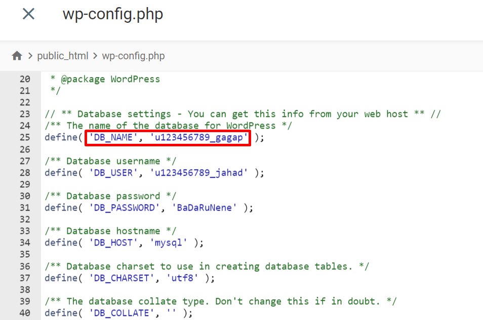 Tampilan nama database di file wp-config.php