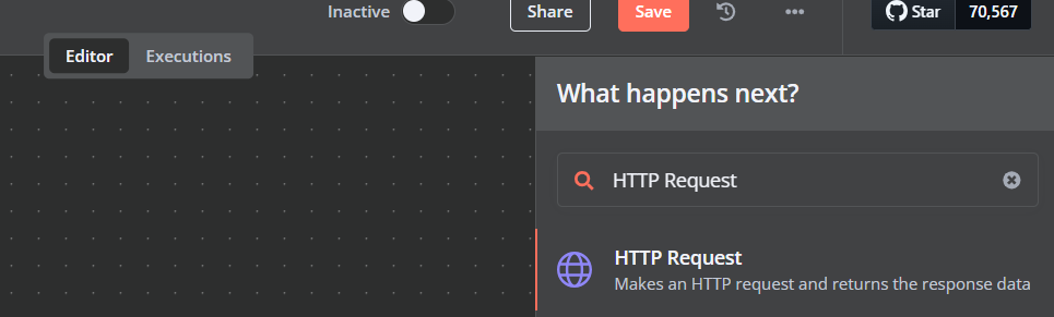 Menambahkan node HTTP Request ke alur kerja backup
