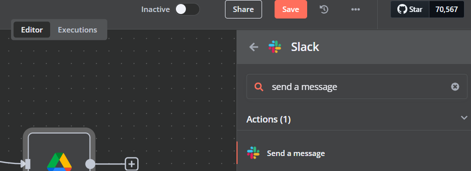 Menambahkan node “Kirim Pesan” Slack untuk mengaktifkan notifikasi.