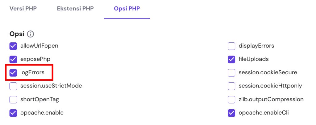 Bagian Opsi PHP di hPanel dengan pilihan logErrors yang dipilih
