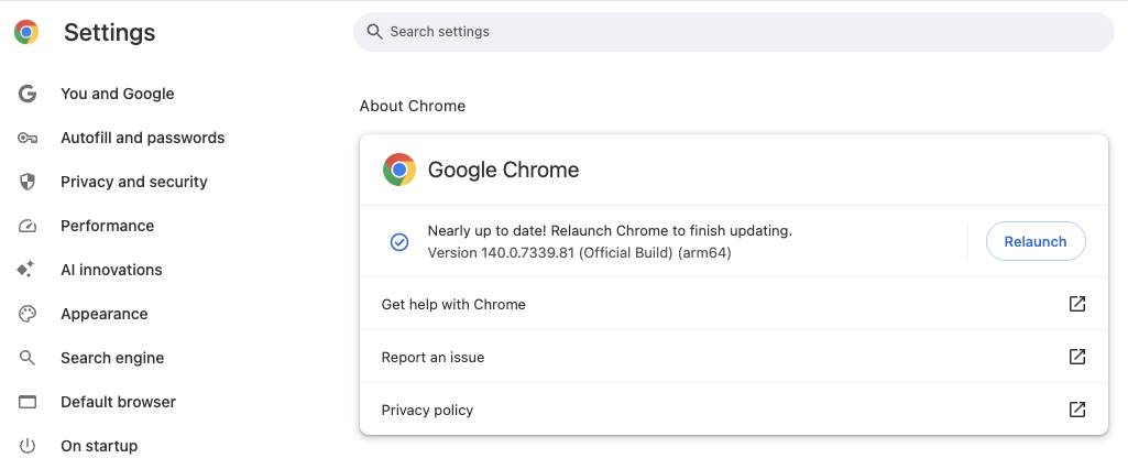 Bagian update Google Chrome dengan tombol Relaunch yang ditampilkan