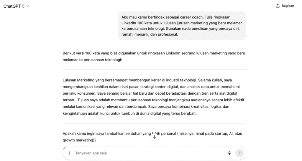 Contoh menulis prompt AI ChatGPT untuk membuat ringkasan LinkedIn