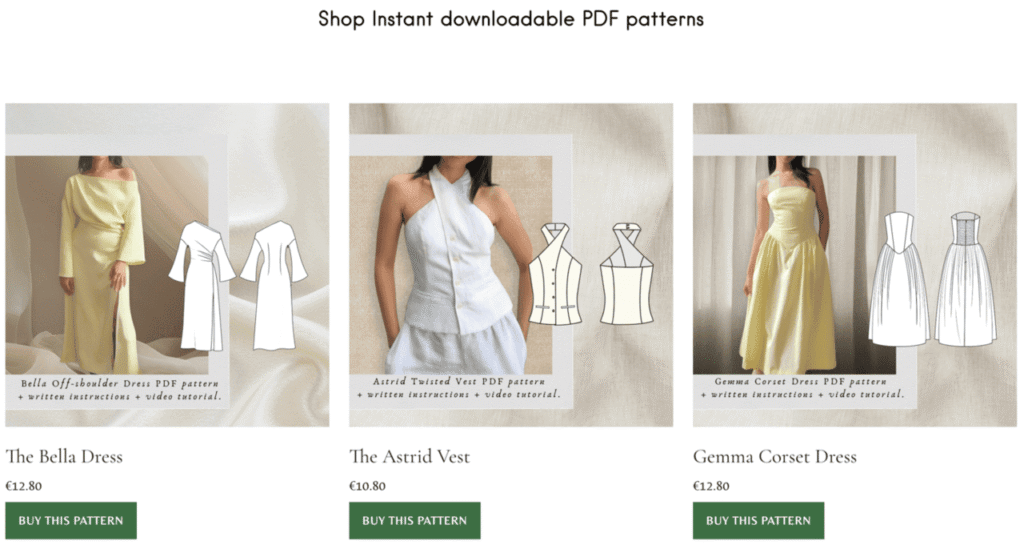 Halaman website Lizzie Studio yang menampilkan pola jahit sebagai produk digital