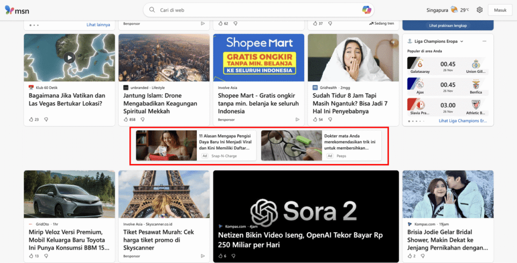 Contoh website MSN yang menampilkan iklan di halamannya