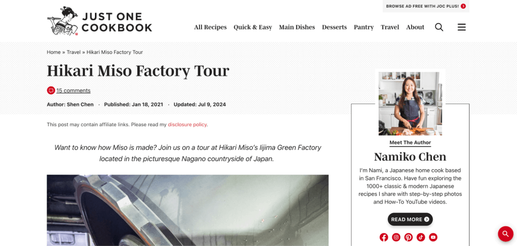 Contoh blog Just One Cookbook yang bekerja sama dengan brand untuk monetisasi