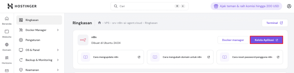 Bagian ringkasan VPS hPanel menampilkan n8n dan tombol Kelola Aplikasi yang dipilih