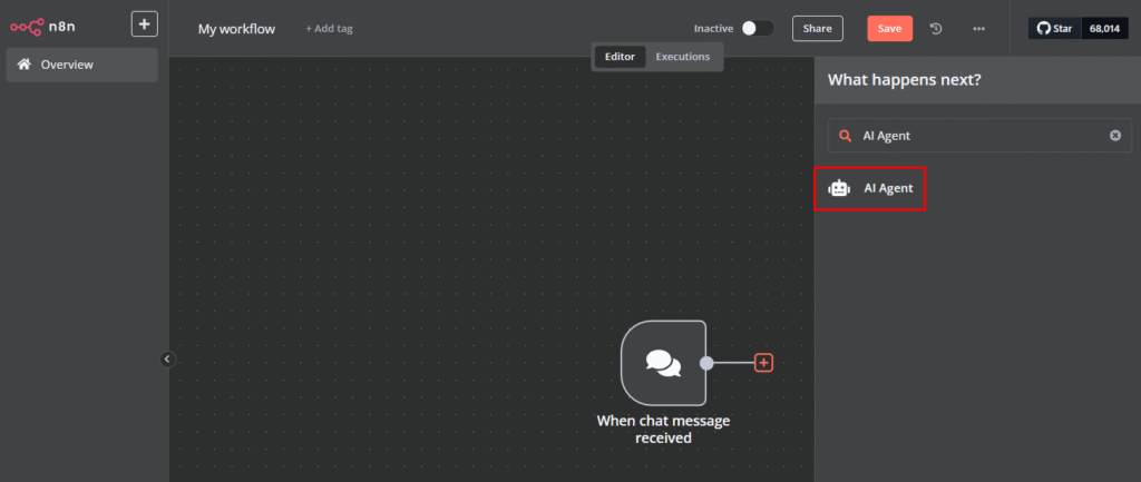 Menambahkan node AI agent pada kanvas editor n8n