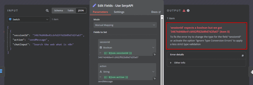 Pesan yang menunjukkan penyebab error workflow