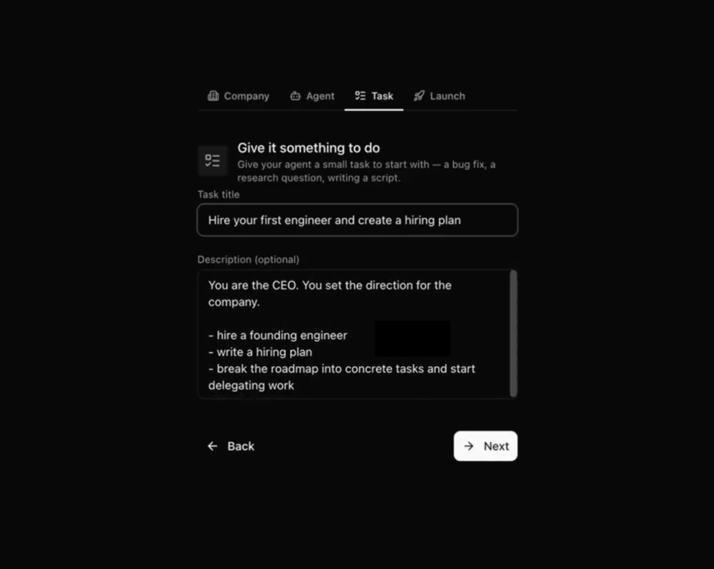 Langkah penugasan tugas AI agent dalam alur onboarding Paperclip