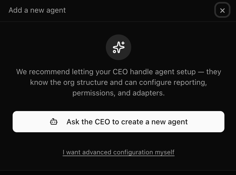 Kotak pop-up Add a new agent di Paperclip
