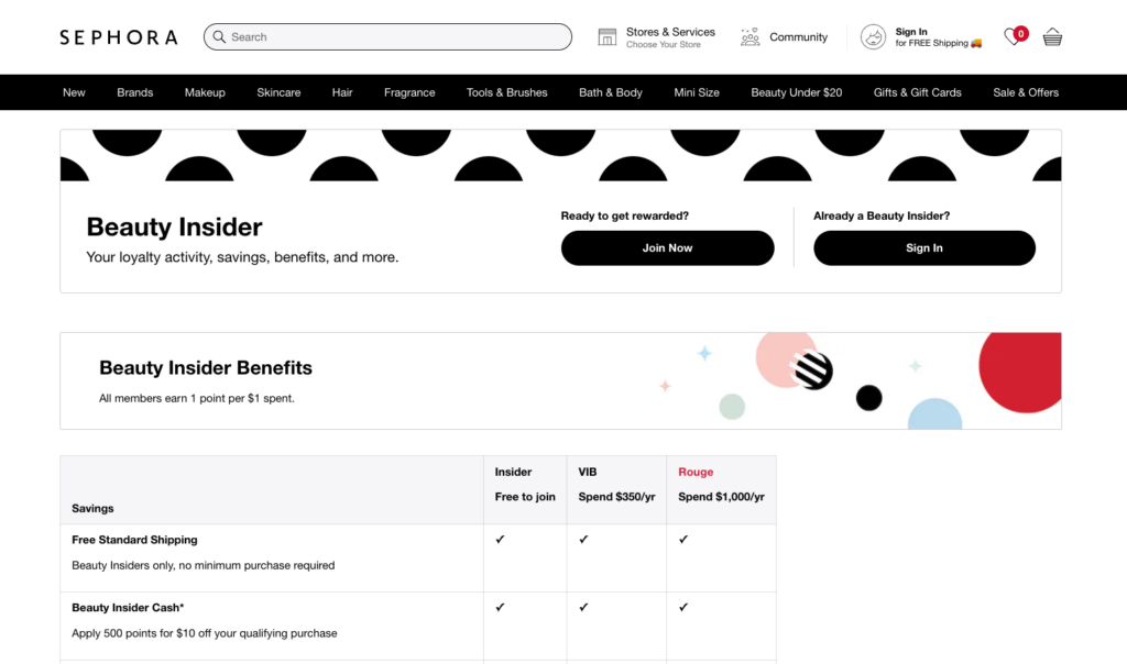 Halaman Beauty Insider milik Sephora sebagai contoh program loyalitas berbasis poin