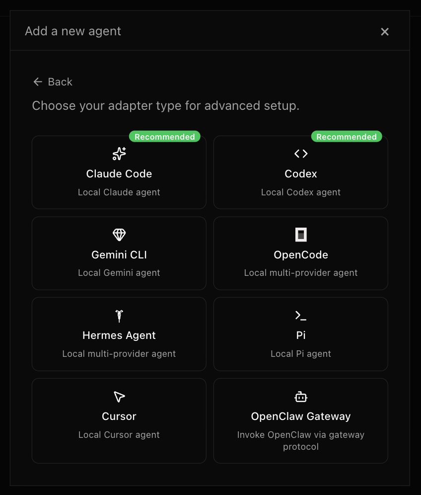 Pilihan adapter AI saat membuat agent baru di Paperclip