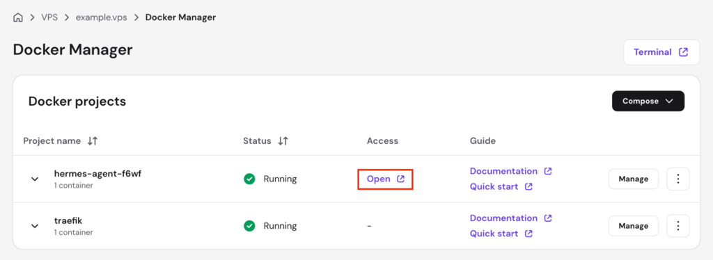 Tombol Open untuk mengakses terminal web Hermes Agent melalui hPanel