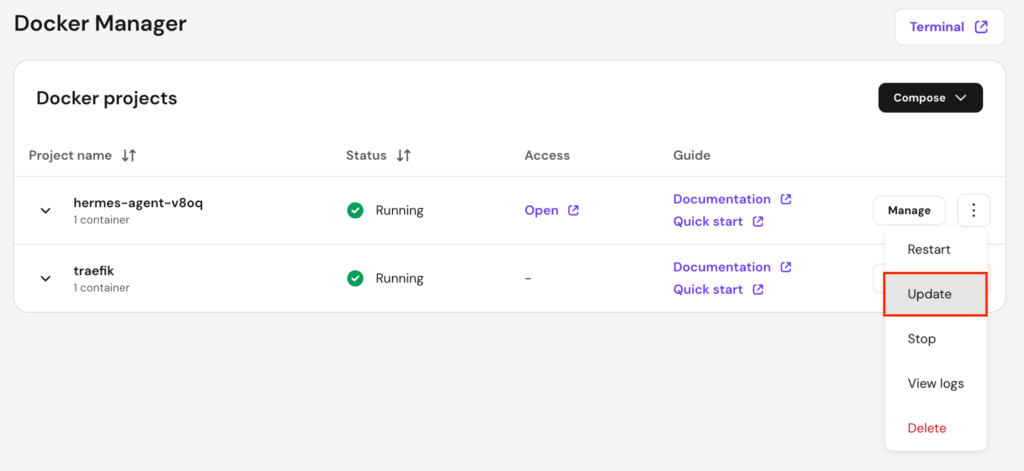 Menu update untuk container Docker Hermes Agent di hPanel