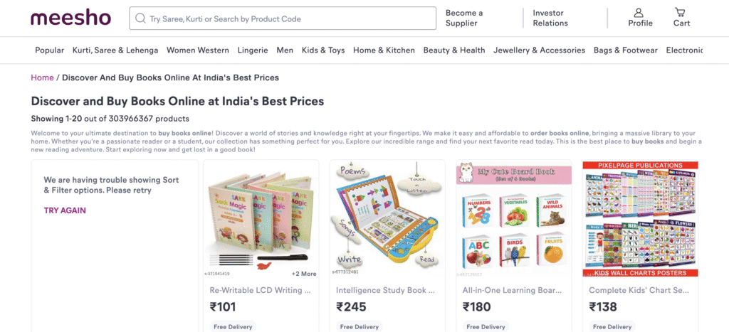 The main page of Meesho page for buying and a selling large variety of items.