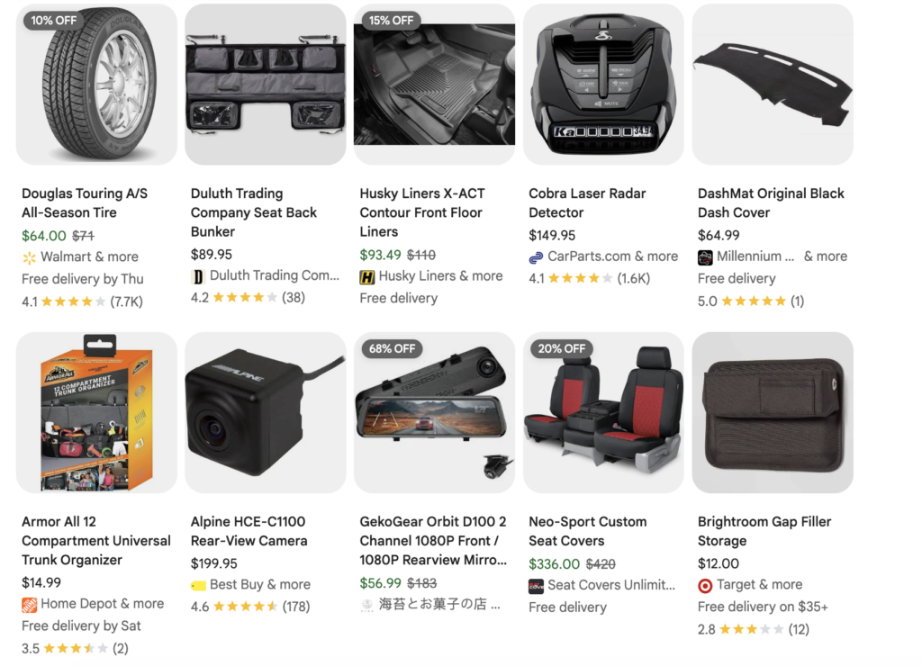 Popular automotive accessories on Google Shopping