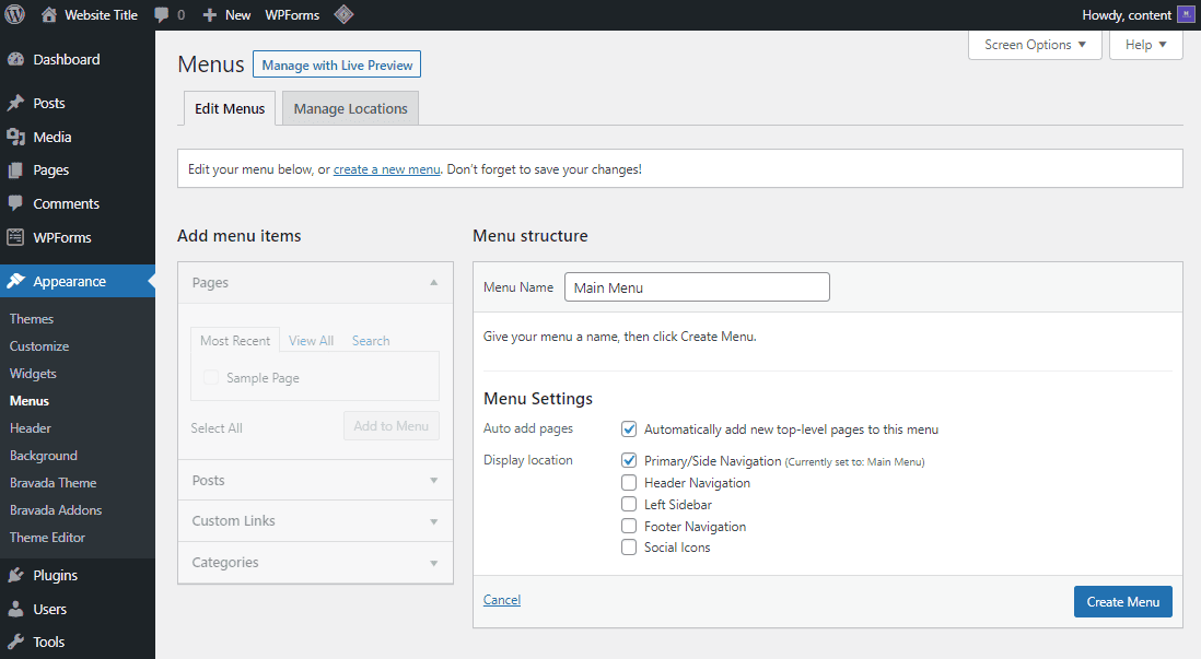 Modifica dei menu nella dashboard di WordPress