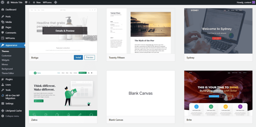 Selezionare Dettagli e Anteprima per vedere l'aspetto di un tema WordPress su un sito web.