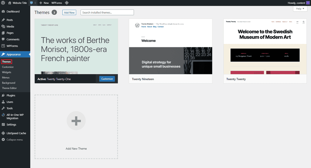 Temi nella dashboard di WordPress