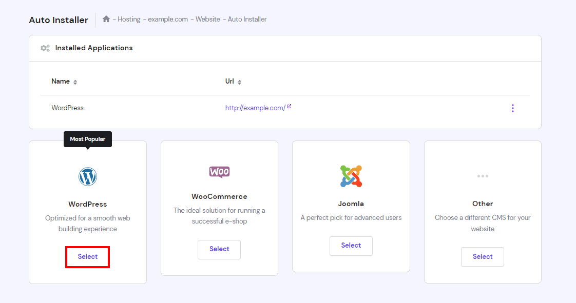 Funzione di installazione automatica di WordPress in hPanel.