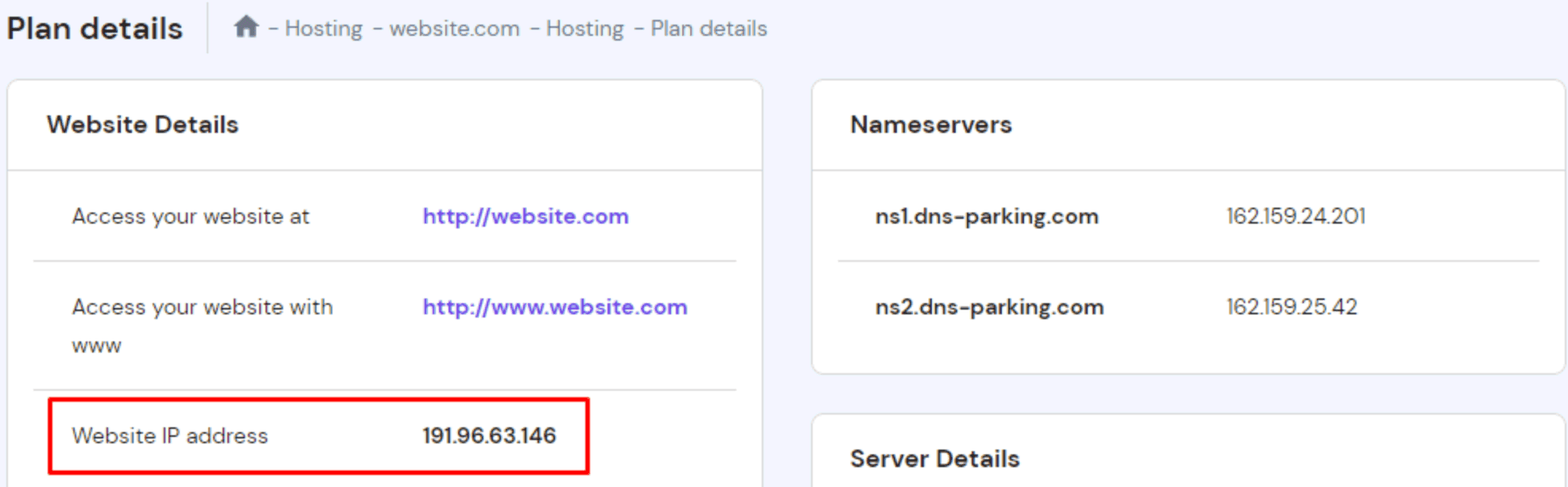 L'indirizzo IP del sito web nei dettagli del piano