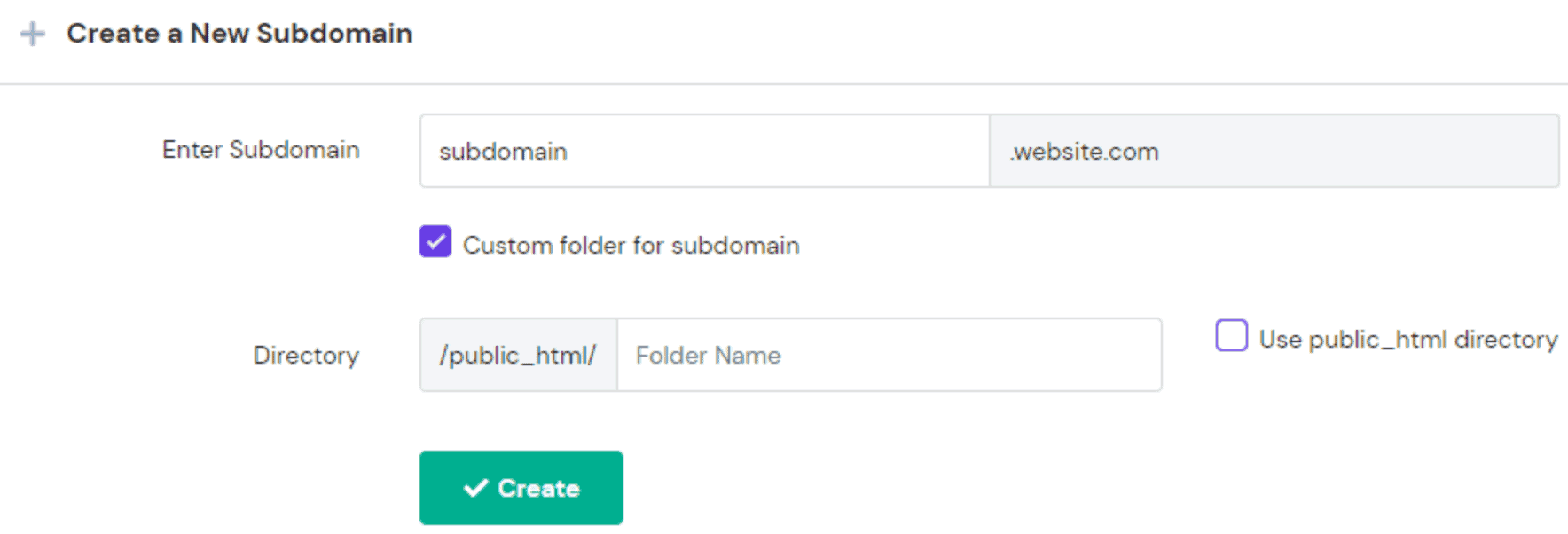 Il pannello per creare un nuovo sottodominio su hPanel