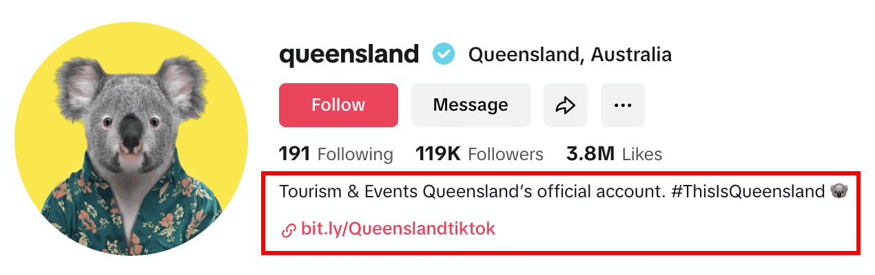 Profilo TikTok di Tourism and Events Queensland, che mostra il link in bio