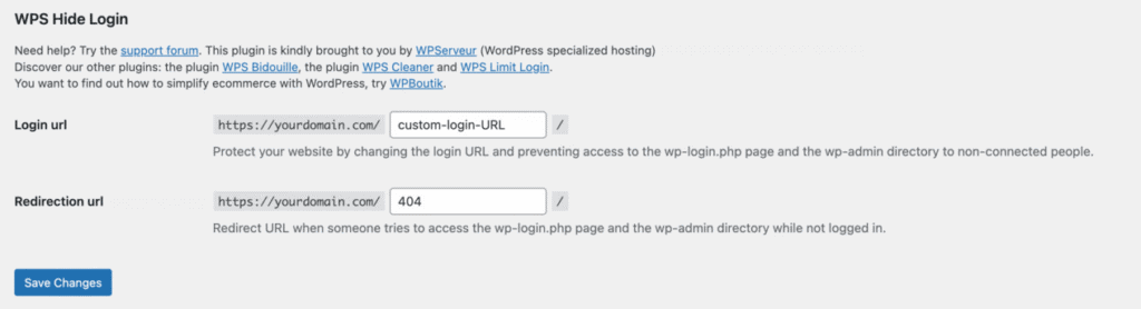 La sezione WPS Hide Login nelle impostazioni di WordPress