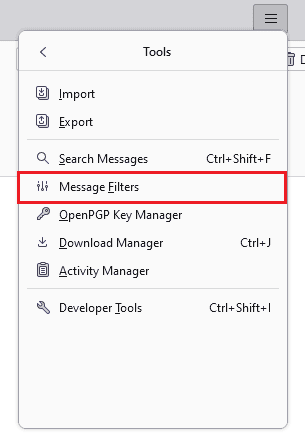 Menu Thunderbird, evidenziando la sezione per la gestione dei filtri dei messaggi
