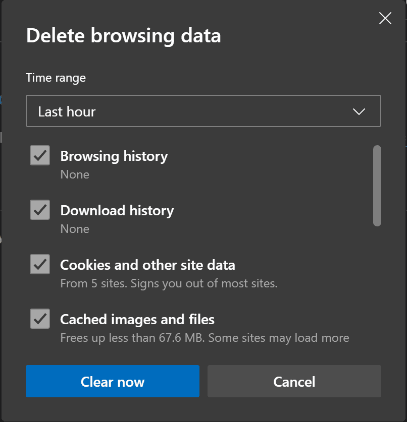 Pagina di eliminazione della cache e dei dati di navigazione di Microsoft Edge