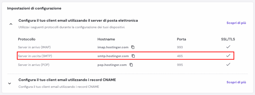 Le impostazioni di configurazione nel menu Email di hPanel con i dettagli del server in uscita (SMTP) evidenziati