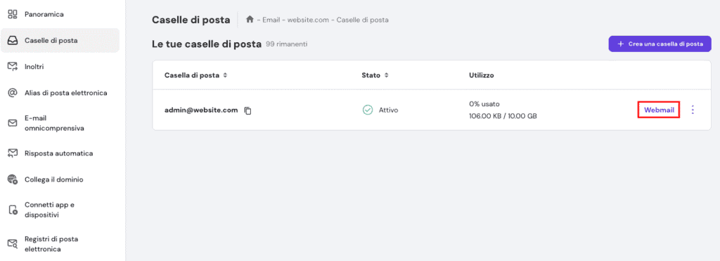 Nella sezione Account di posta elettronica di hPanel, evidenziare il pulsante per accedere alla webmail.