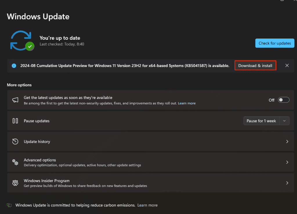 Il pulsante Scarica e installa del menu di aggiornamento di Windows è evidenziato