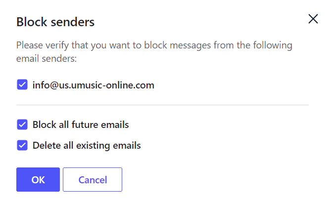 Un pop-up che chiede di confermare se bloccare le e-mail esistenti e future provenienti dall'indirizzo e-mail bloccato