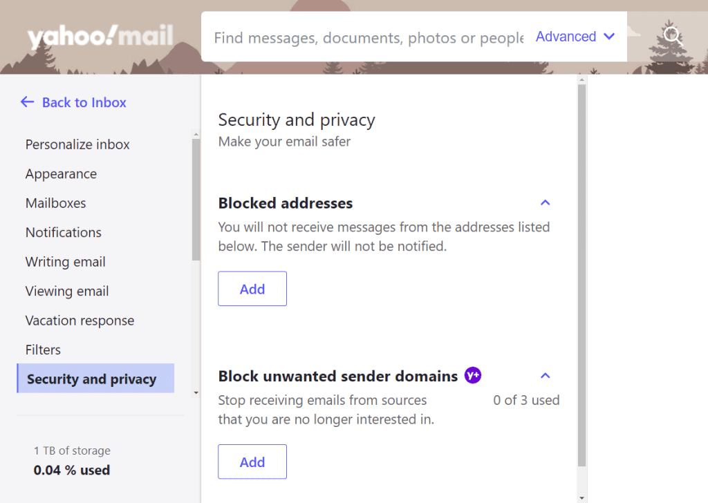 Sezione sicurezza e privacy di Yahoo